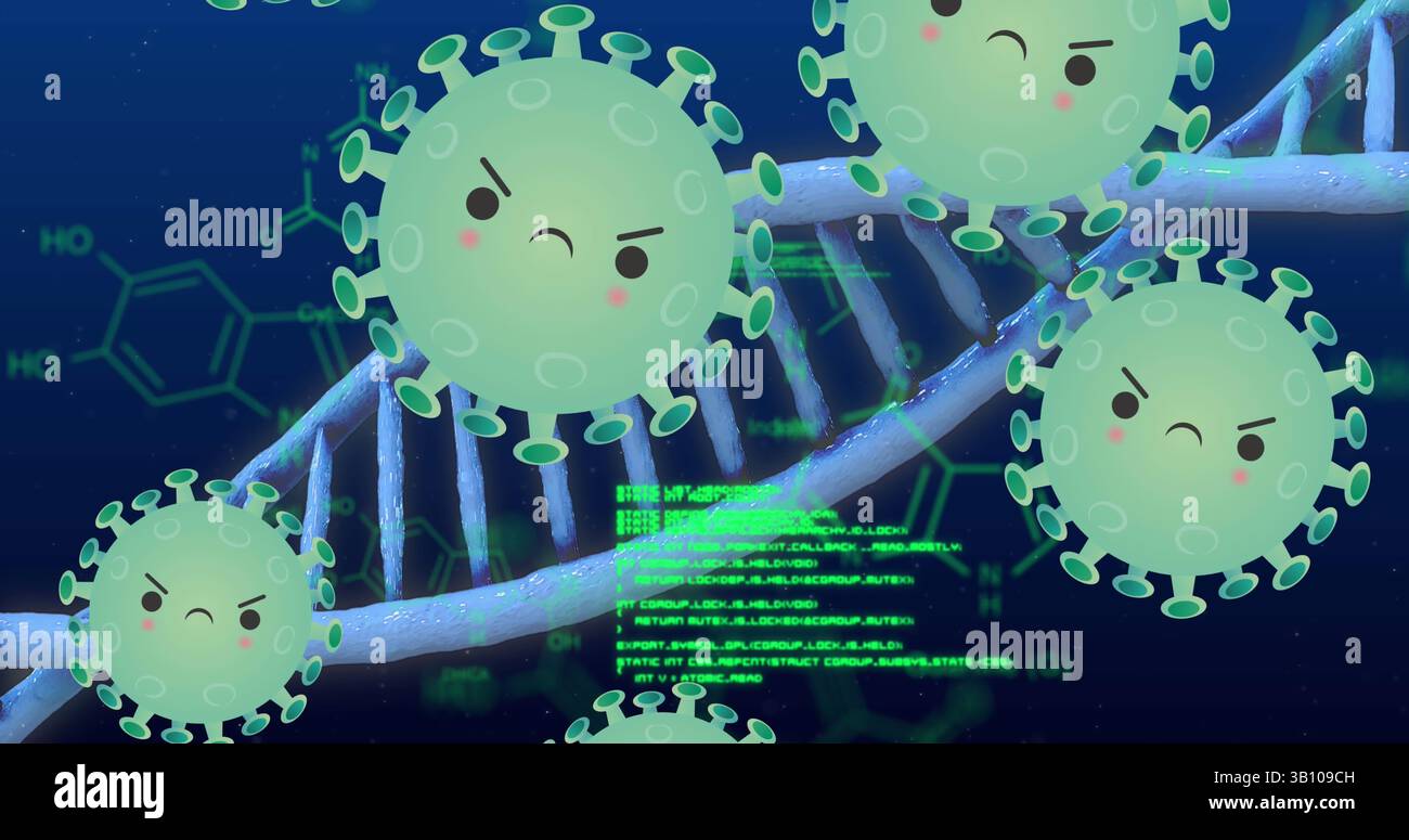 Grünes Viruspartikel schwimmt wütend in biomedizinischer Grafik, mit DNA-Helix-chemischen Diagrammen Code Stockfoto