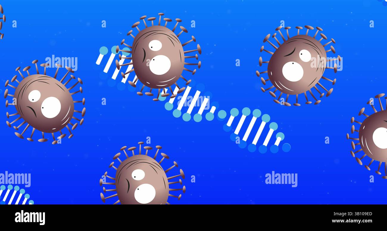 Schwebende sechs Karikaturvirus-Partikel, die in abstrakter Illustration driften, mit zwei DNA-Helix-Segmenten Stockfoto