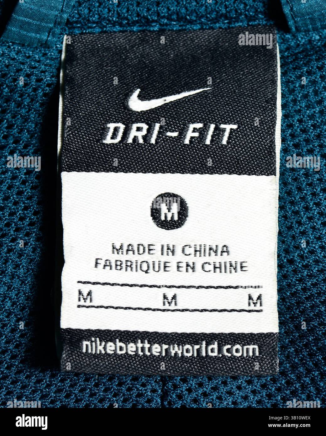 Nike Made in China Bekleidungslabel auf Nike dri-FIT Sportbekleidung Stockfoto