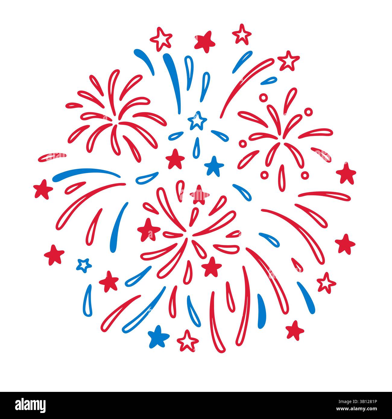 Amerika Unabhängigkeitstag 4. Juli patriotisches Feuerwerk Hintergrund. 4. Juli USA Nationalfeiertag Feuerwerkskörper. Handgezeichnete süße Linie Stock Vektor