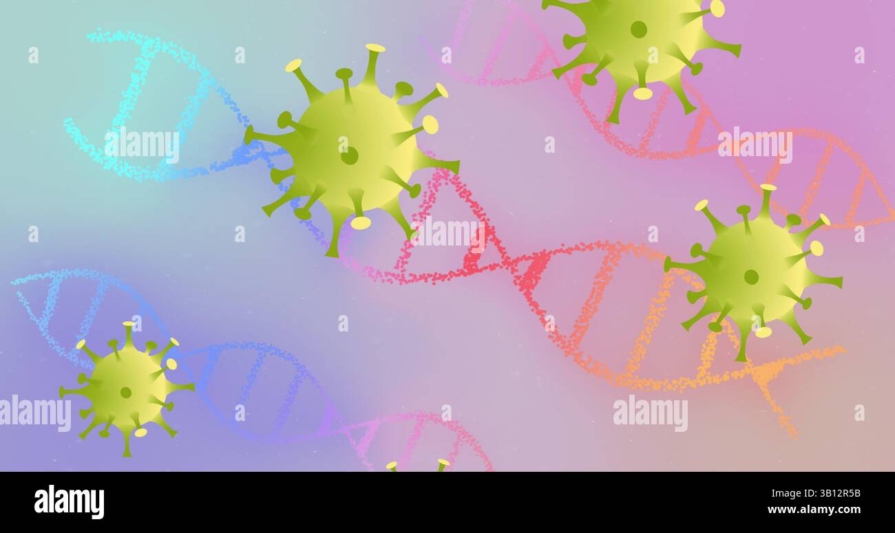 Großes grünes Virus-Symbol im digitalen abstrakten Design, mit bunten DNA-Helices Stockfoto