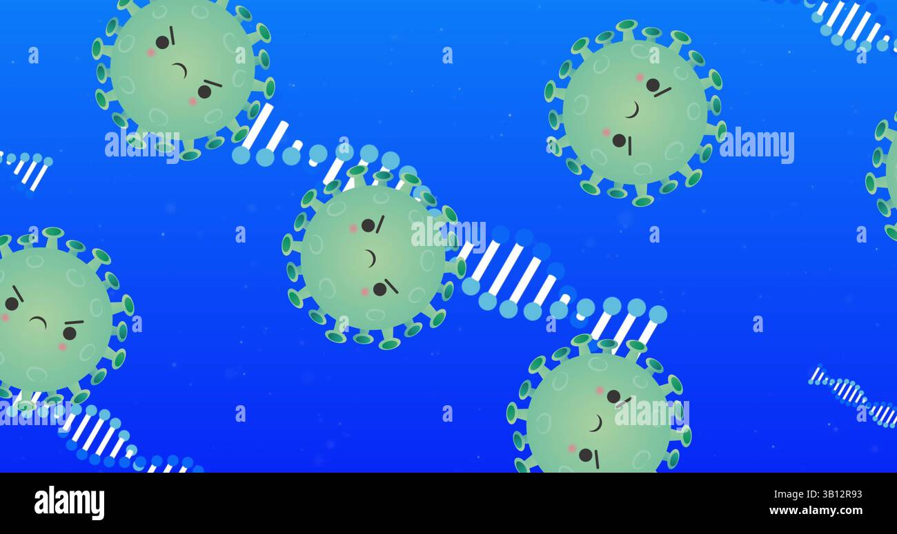 Schwimmendes grünes Cartoon-Virus-Partikel, das Stachelproteine in der Illustration zeigt, mit DNA-Helices Stockfoto