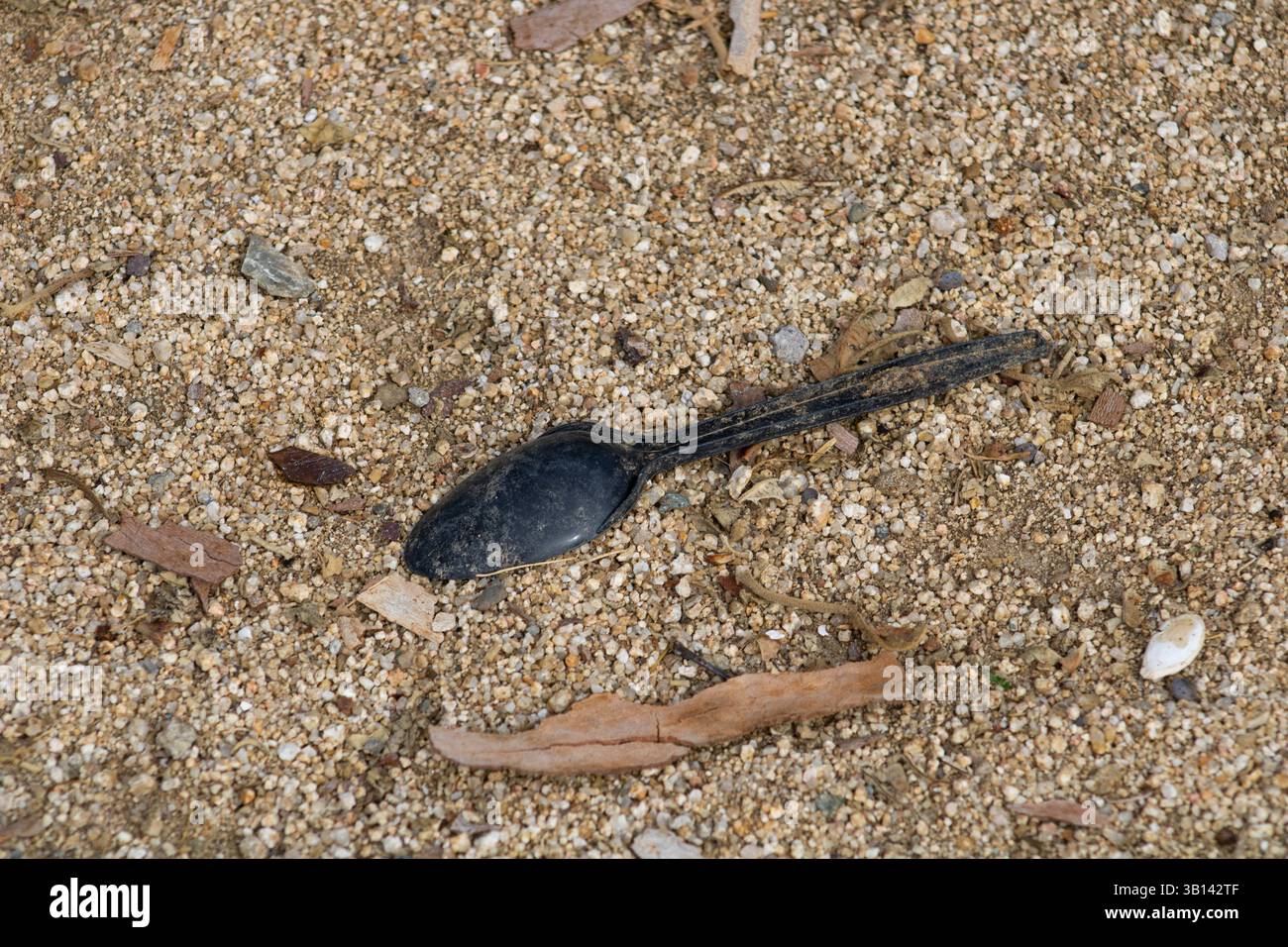 Schwarzes Löffelutensil in Schmutz Stockfoto