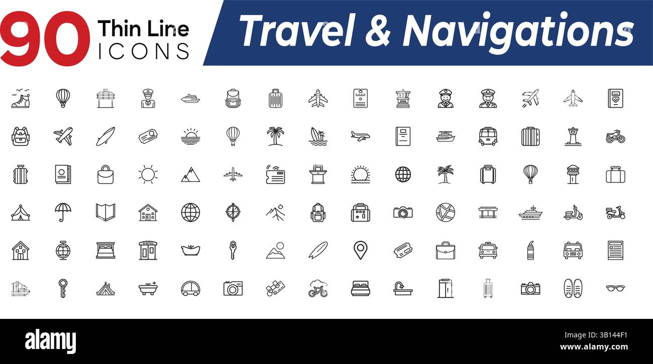Umfangreiches Set von 90 modernen Thin Line Web-Symbolen für Reisen, Tourismus, Navigation, Transport und Abenteuer. Professionelle Vektor-Illustration Stock Vektor