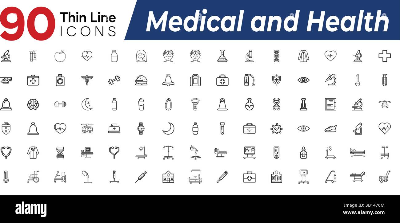 Umfangreiches Set von 90 modernen Thin Line Web-Symbolen für allgemeine medizinische Dienstleistungen, Gesundheitswesen, Wellness und Körperpflege. Professionelle Vektor-Illustration mit Stock Vektor