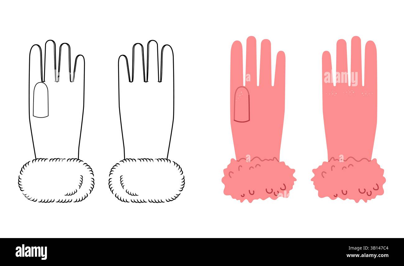 Pelzhandschuhe Handgelenk über der Länge rosa Cartoon und Modell Skizze Mode Hand Accessoire Kleidung technische Illustration Kleid. Vektor-Vorderhandfläche Rückansicht für Männer, Frauen-Stil flache Vorlage CAD auf weiß Stock Vektor