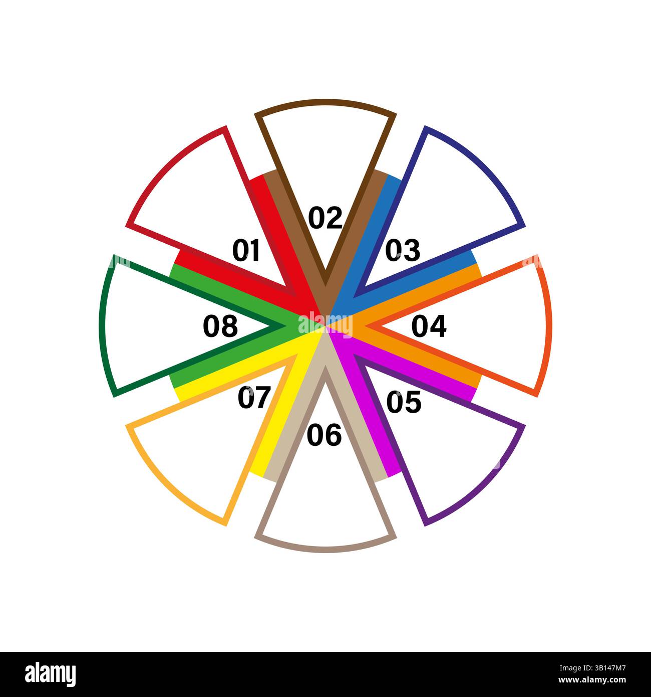 Farbiges Tortendiagramm. Rad mit nummerierten Segmenten. Vektor-Infografik-Kreis. Weißes Hintergrundbild. Stock Vektor