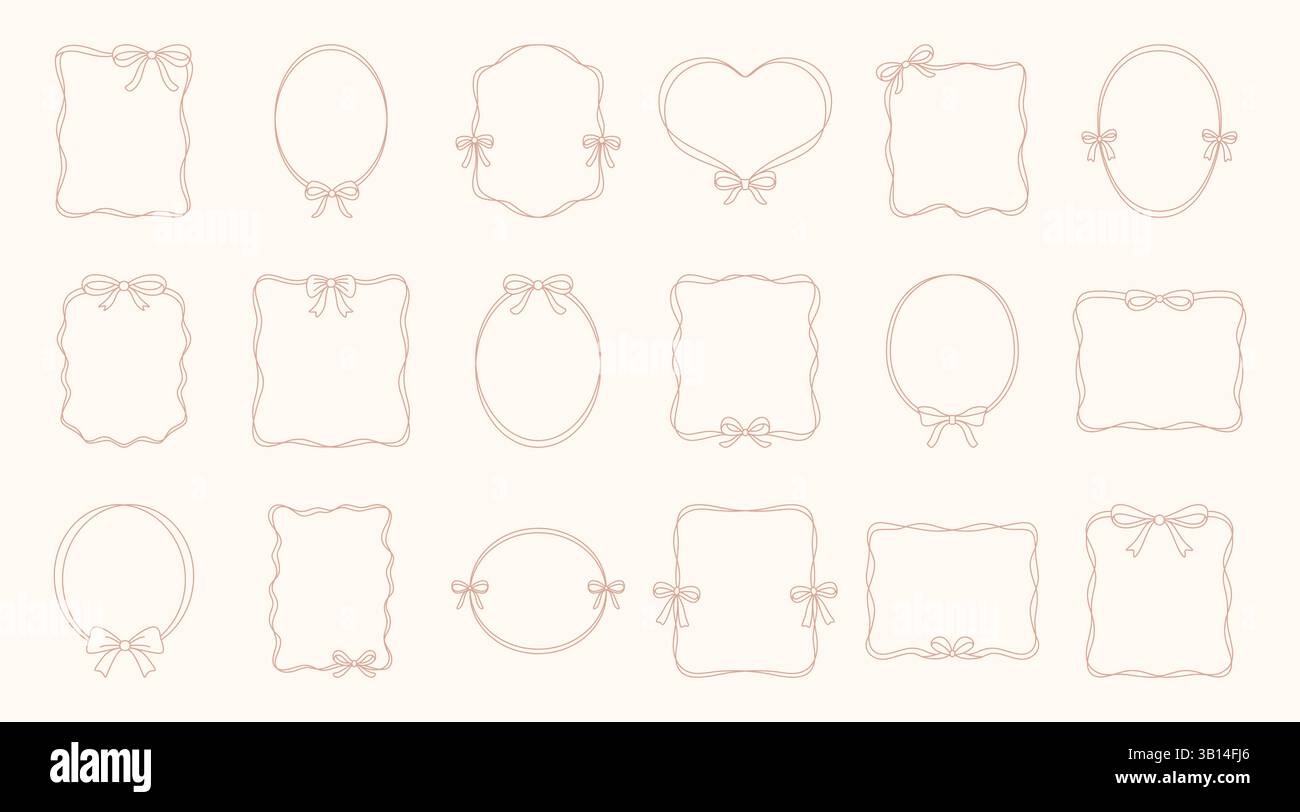 Vector elegante Ribbon Frames mit Schleifen Kollektion. Handgezeichneter Rahmen. Linearer ovaler, herzförmiger, wellenförmiger und quadratischer Rahmen für Hochzeitseinladungen, Sammelalbum Stock Vektor