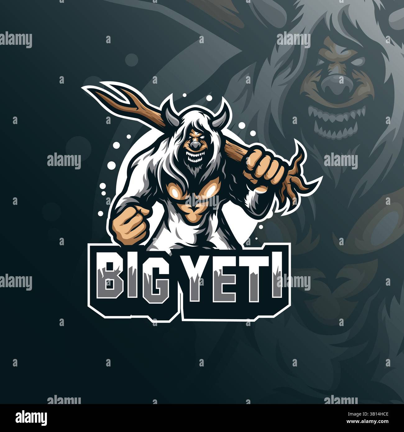 yeti Mascot Logo Design Vektor mit modernem Illustrationskonzept Stil für Abzeichen, Emblem und T-Shirt Druck. Wütende Yeti-Illustration mit Baum in der Hand. Stock Vektor