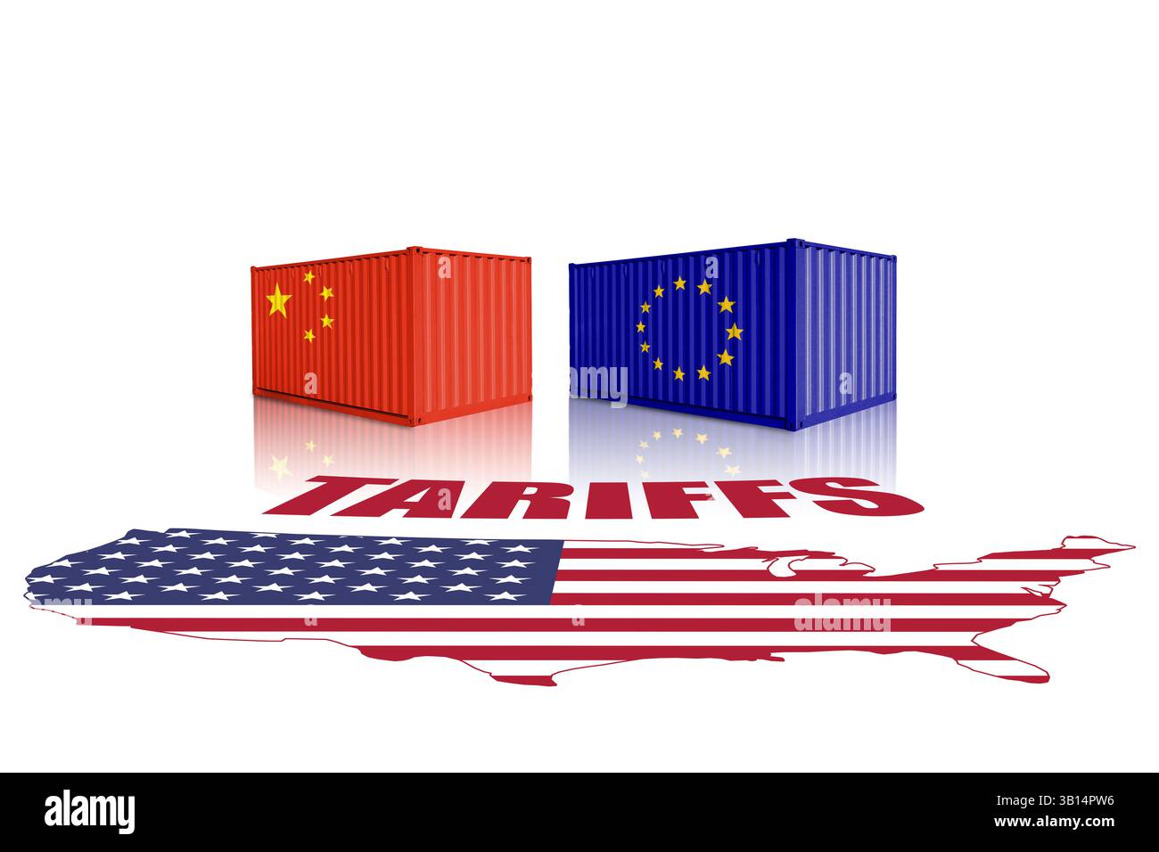 Handel mit Containern mit China- und EU-Flaggen auf einer Karte der USA. Handel, Zoll, Zoll und Zölle Krieg Stockfoto