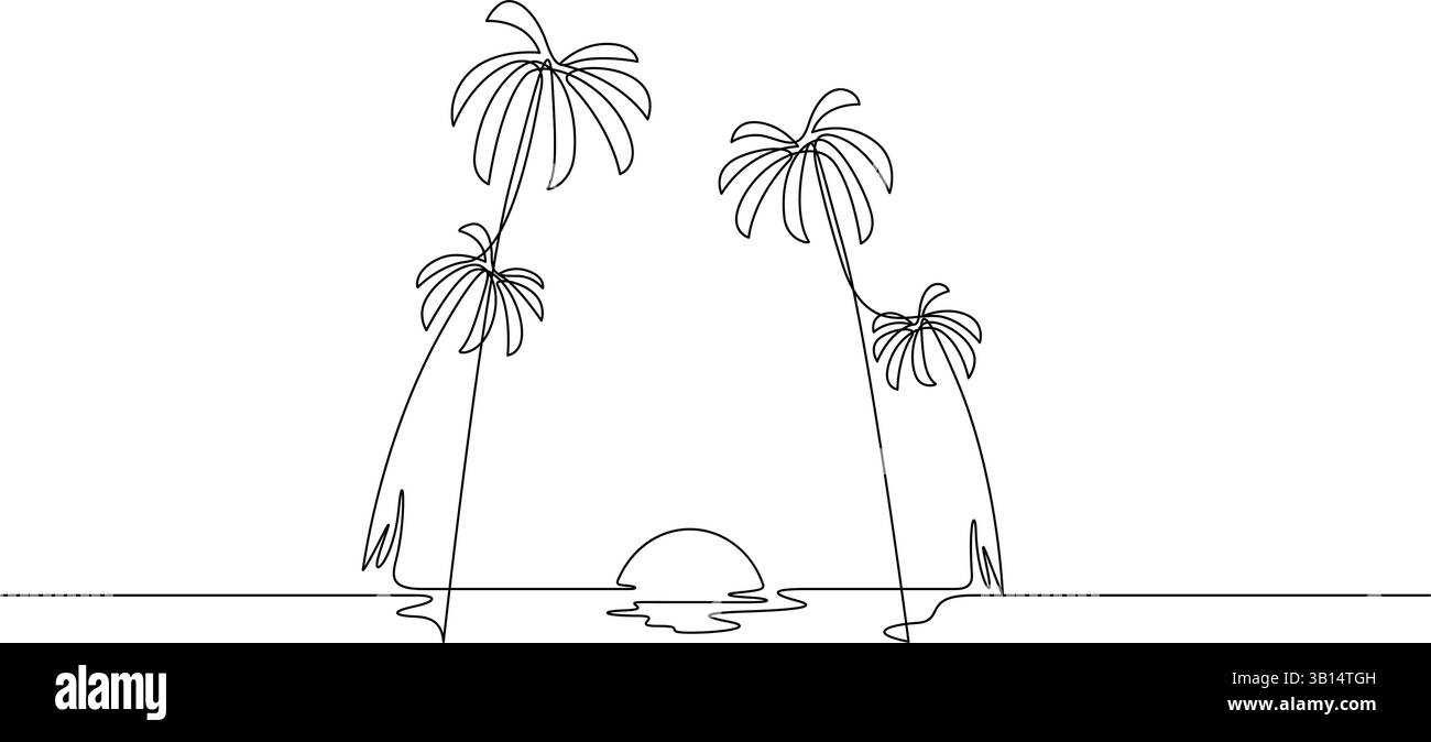 Wunderschöner Blick auf das Meer, malerische einzeilige Zeichnung mit Kokosnuss-Sonnenuntergang und Sonnenaufgang Urlaub Illustration Stock Vektor