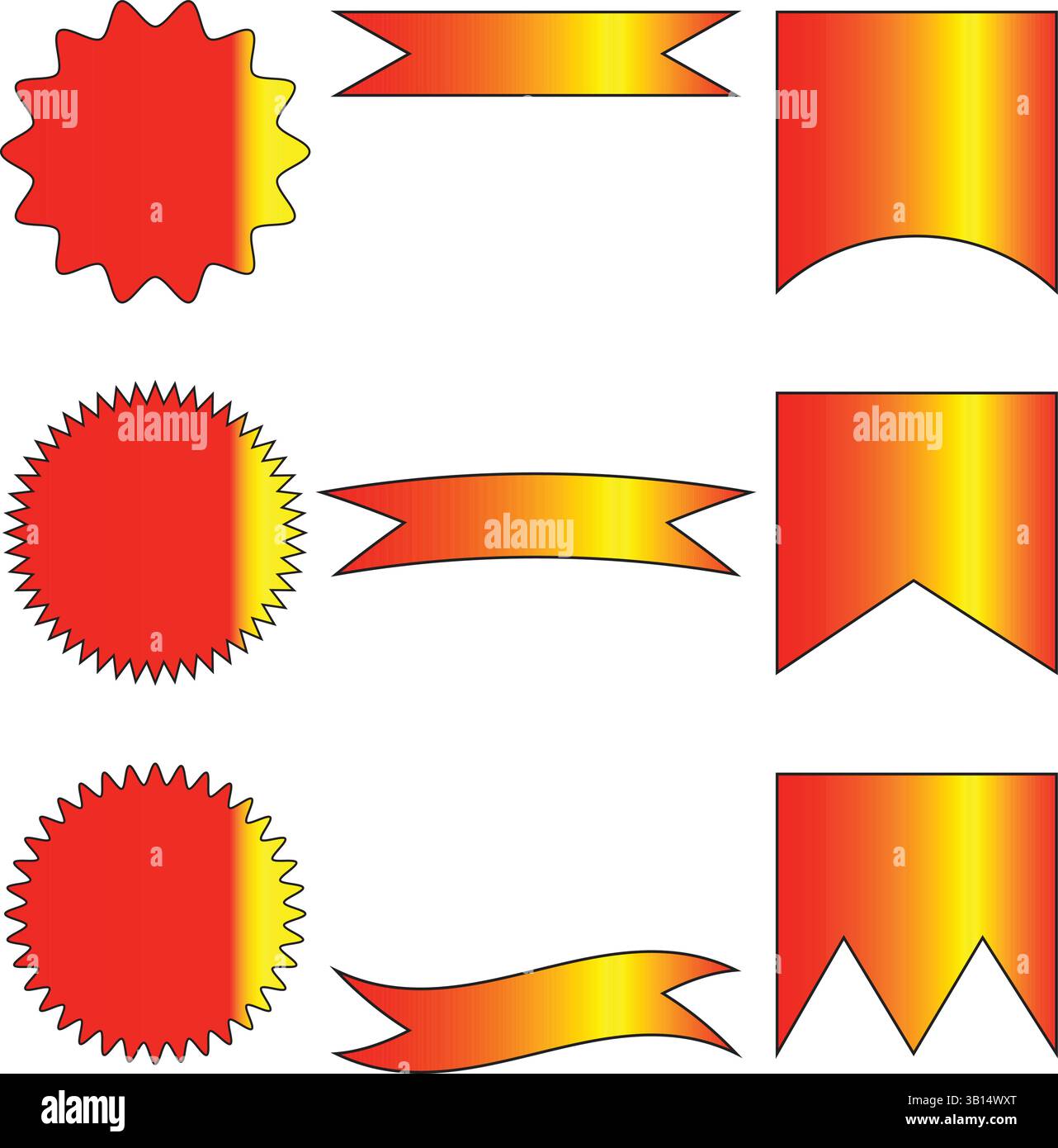 Set aus 9 leuchtenden Farbabzeichen und Bändchen-Vektordesigns in Rot-, Orange- und Gelbtönen. Isoliert auf weißem Hintergrund. Stock Vektor
