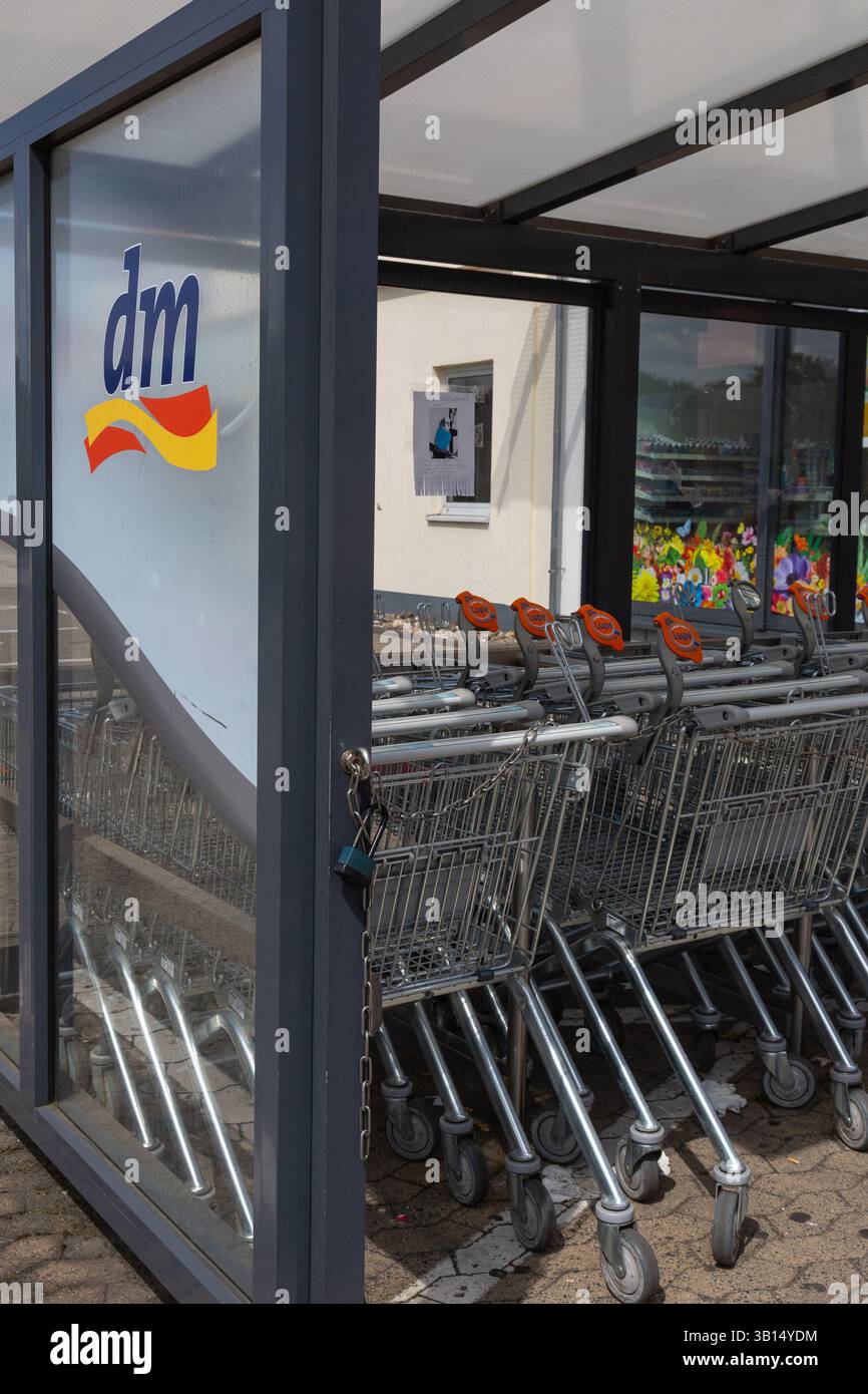 Neuwied, Deutschland - 20. Juni 2021: Logo dm auf einer Glaswand mit Einkaufswagen in Reihe. dm ist eine deutsche Drogeriekette für Kosmetik Stockfoto