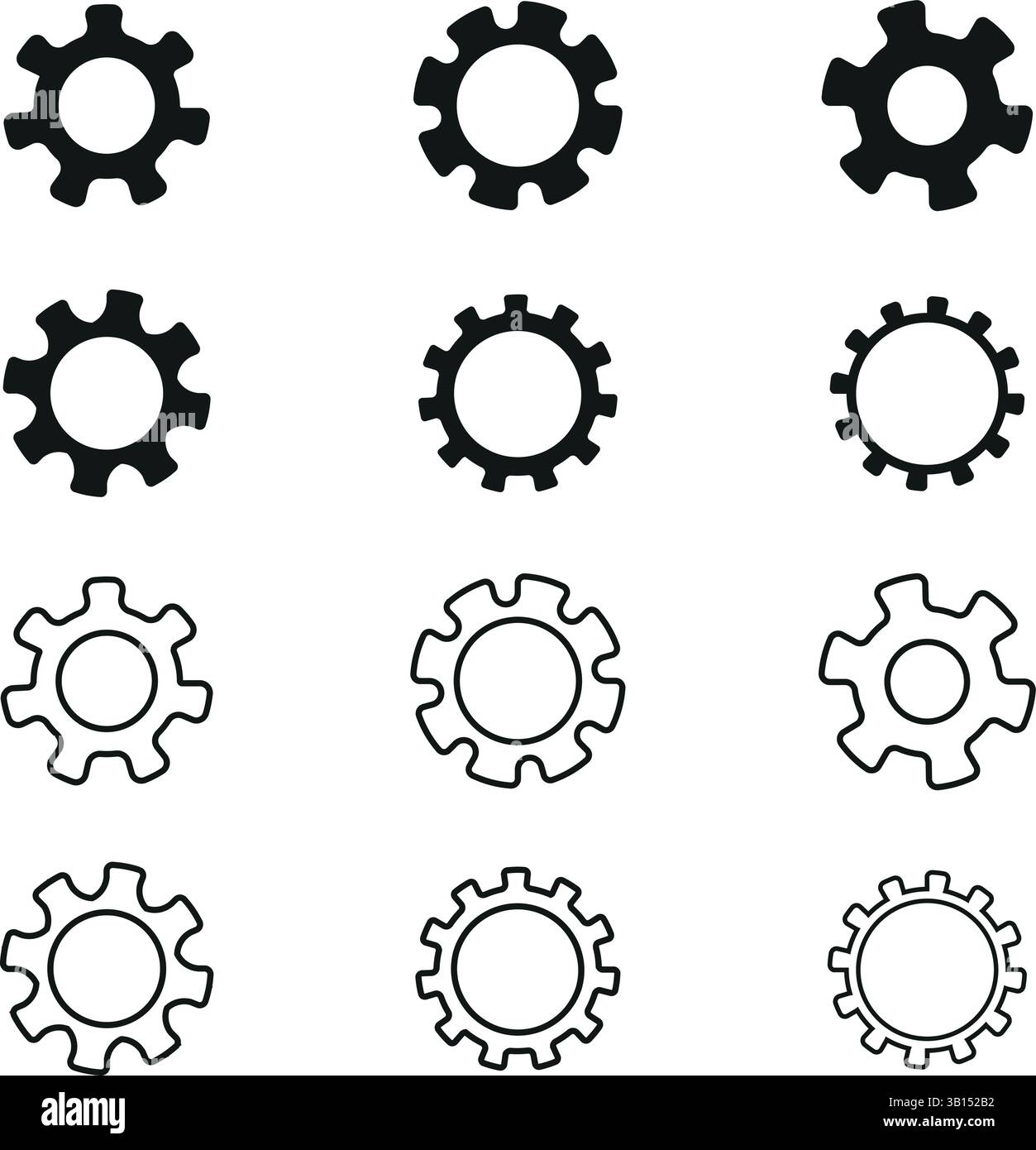 Minimalistischer Silhouette Zahnrad und Zahnrad Symbol Set oder minimaler mechanischer Vektor auf weißem Hintergrund Stock Vektor