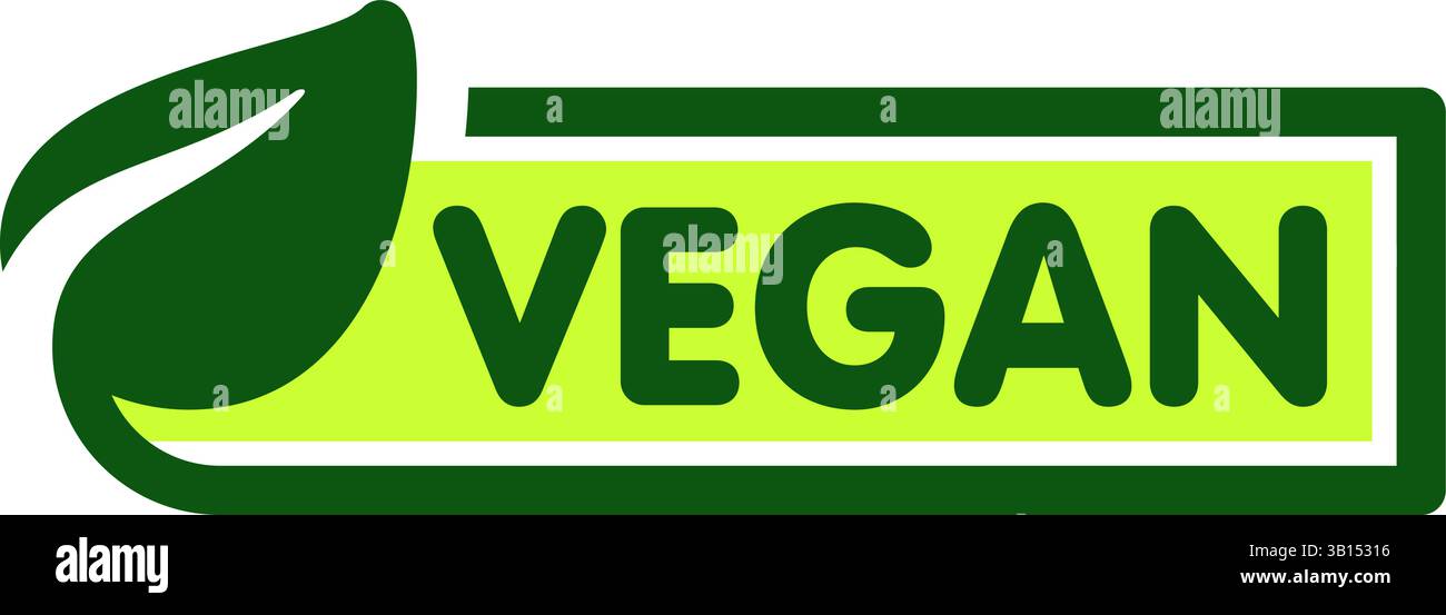 Schild mit veganem Essen. Organische Logos. Aufkleber und Etikett mit grünen Blattschildern. Stock Vektor