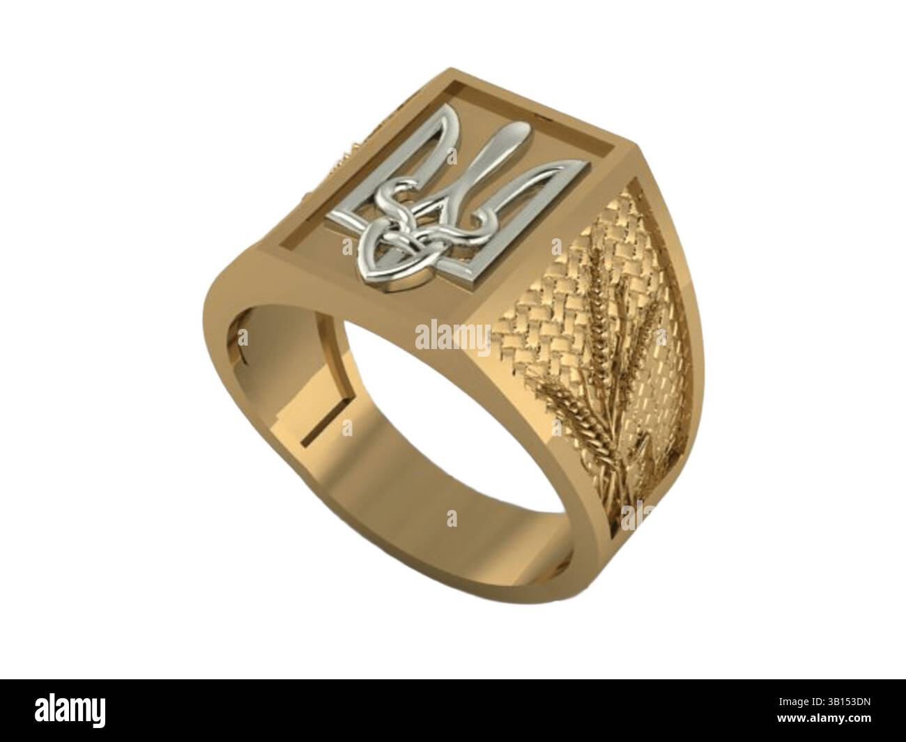 Sorgfältig gefertigter Goldring mit einem komplizierten Design, das das ukrainische Trident-Emblem und Weizenmotive enthält. Stockfoto