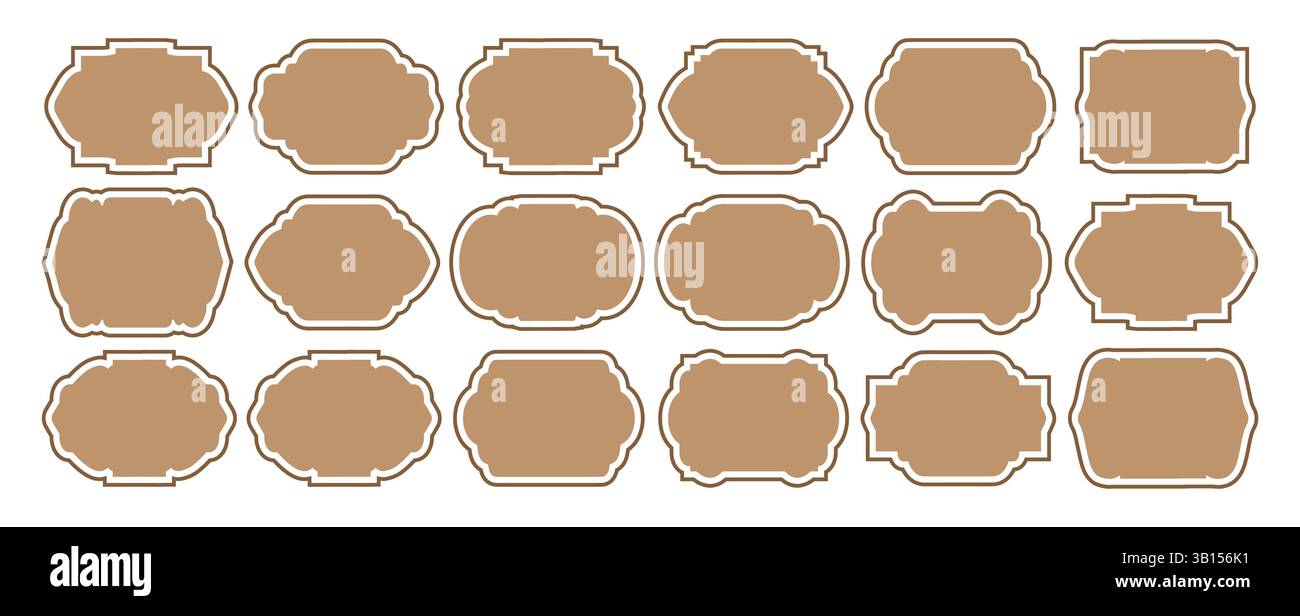 Dekorative Etikettenrahmen. Alte verzierte Etiketten, dekorativer Vintage-Rahmen und Retro-Emblem. Einladungskarte. Satz isolierter Vektorsymbole. Stock Vektor