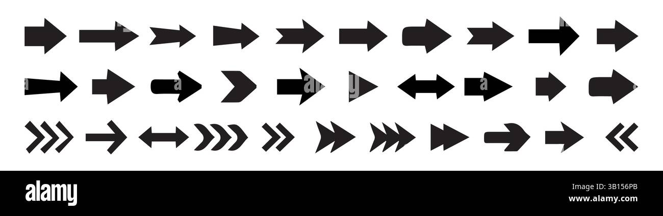 Pfeil. Cursor. Pfeilvektorsymbol. Moderne einfache Pfeile. Sammlung verschiedener Pfeile auf flacher Ausführung für Webdesign oder Benutzeroberfläche. Richtungssymbole . Stock Vektor