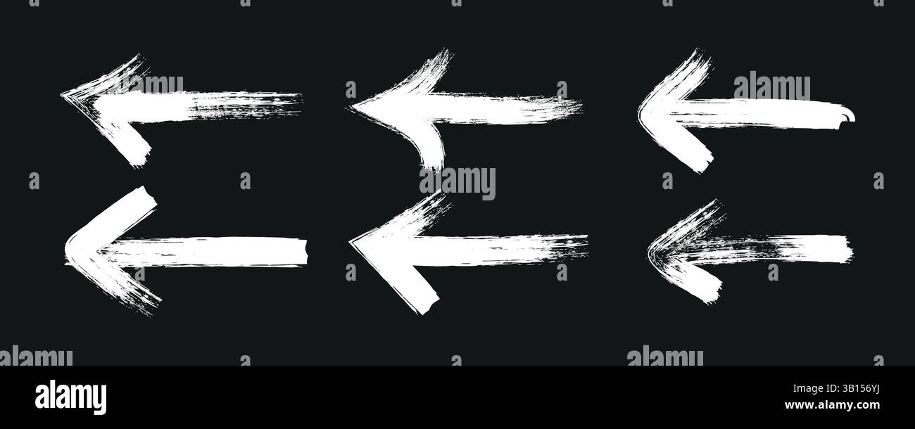 Grunge Arrows Kollektion. Vektorsatz des Pfeilzeichensymbols - Grunge erodiert. Handgezeichnete Pinselpfeile in verschiedene Richtungen. Stock Vektor