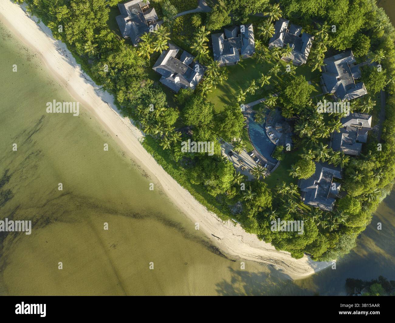 Blick aus der Vogelperspektive, Seychellen, Mahe, Port Glaud und Port launay Beach, Port Glaud, Seychellen Stockfoto
