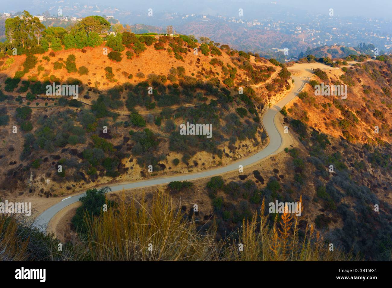 Der verwinkelte Wanderweg im Runyon Canyon Park, Los Angeles, bietet raues Gelände, üppige Vegetation und einen erhöhten Blick unter der goldenen Stunde. Stockfoto
