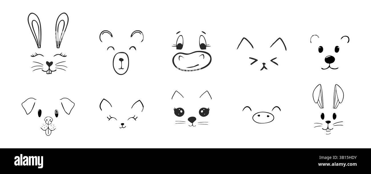 Niedliche Tiergesichter, Haustier-Comic-Doodle mit Ausdrücken. Setzen Sie Köpfe mit leckerer Zunge, Mund, liebenswerten Emotionen. Comic-Cartoon oder Kawaii-Fanny-Haustier. Vektorabbildung Stock Vektor
