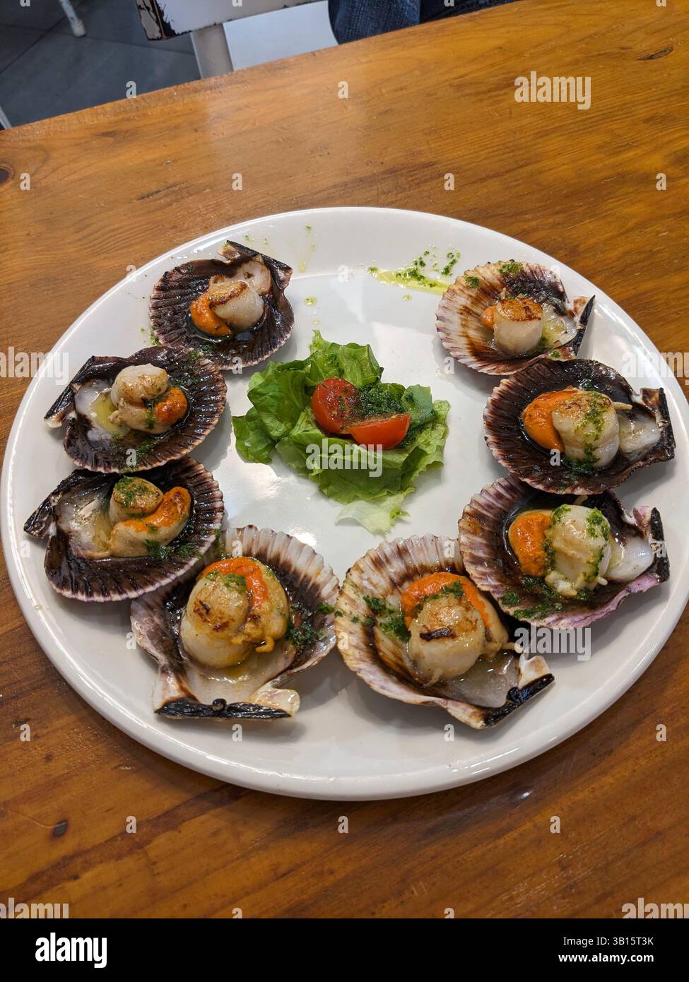 Ein wunderschön präsentierter Teller mit gekochten Jakobsmuscheln, garniert mit Kräutern und serviert mit frischen Tomaten, bereit zum Genießen. Stockfoto