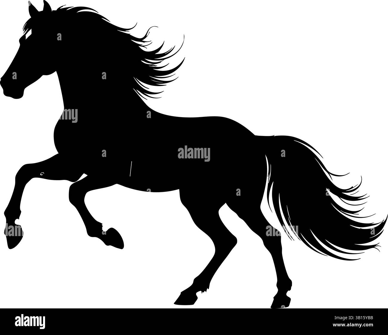 Silhouette eines galoppierenden Pferdes mit fließender Mähne und Schwanz, isoliert auf weißem Hintergrund – repräsentiert Kraft, Freiheit, Geschwindigkeit und natürliche Anmut Stock Vektor