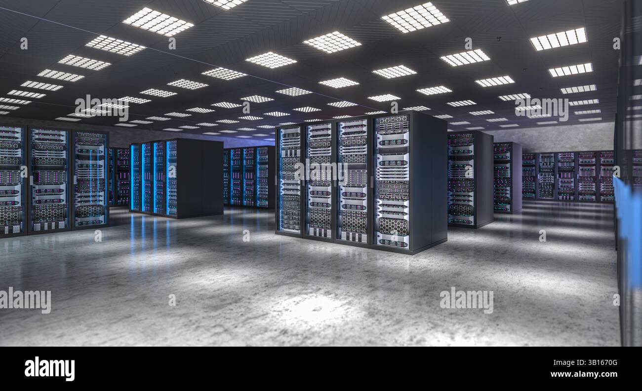 Serverraum, in dem viele Server im Rechenzentrum gehostet werden 3d Stockfoto