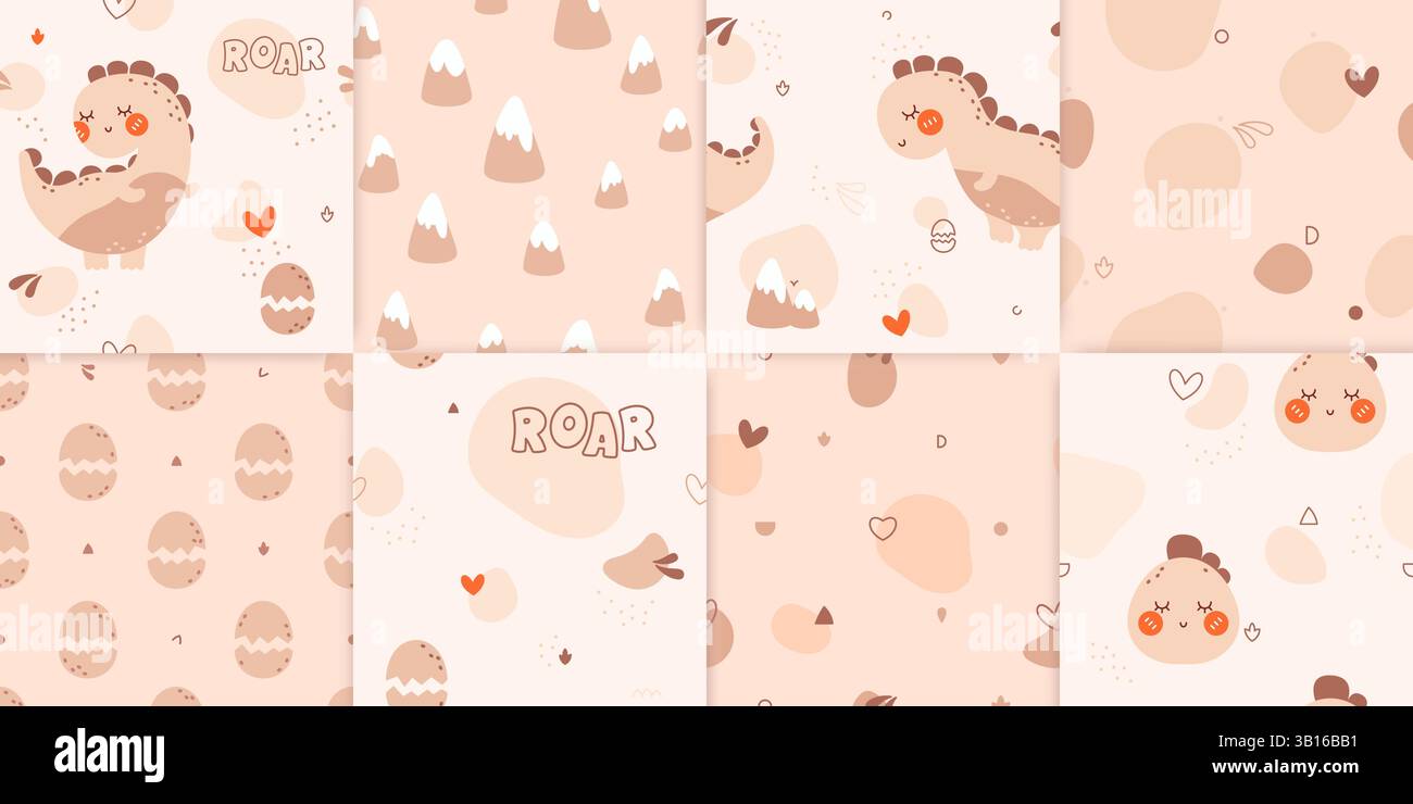Ein Set süßer nahtloser Muster für Kinder, gezeichnet in neutralen Pastellfarben mit Dinosauriern, Bergen, Herzen und Farbflecken. Stock Vektor