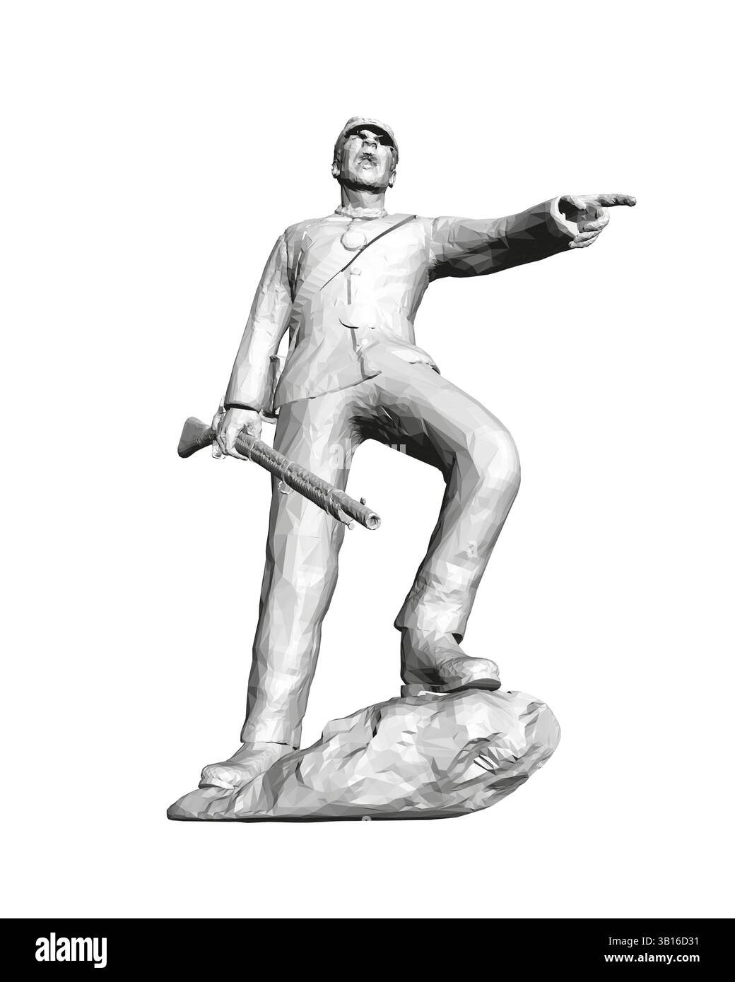 Eine Statue eines Mannes, der in den Himmel zeigt. Die Statue besteht aus weißem Material und ist auf einem Felsen. Der Mann hält eine Waffe und ist Soldat. Die Statue Stock Vektor