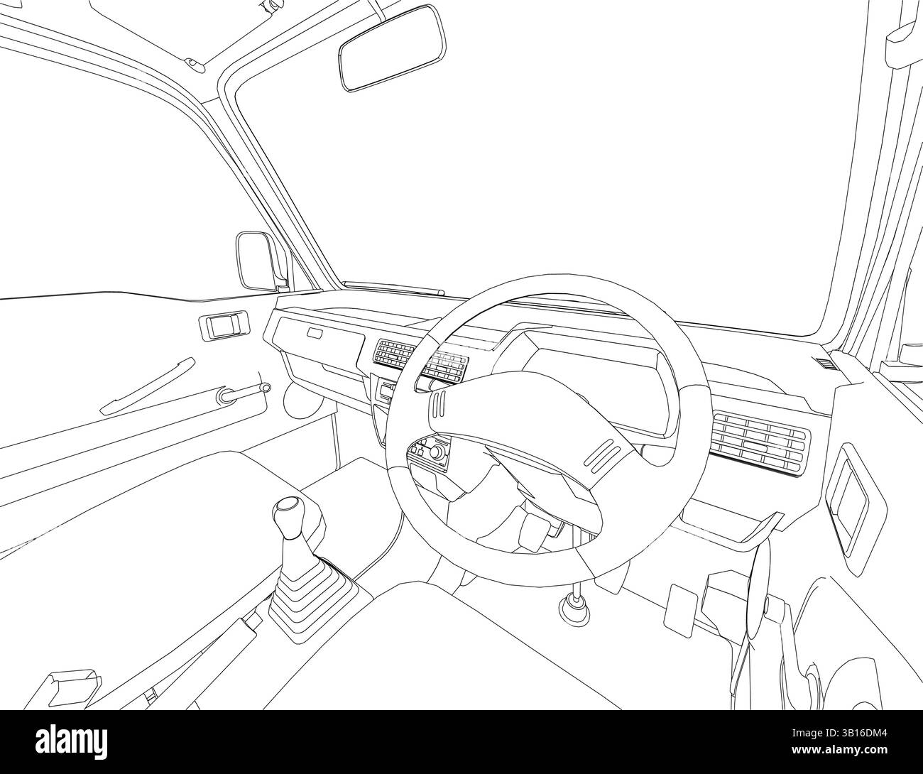Das Innere eines Autos mit Lenkrad und Gangschaltung. Das Auto steht auf einer Straße Stock Vektor