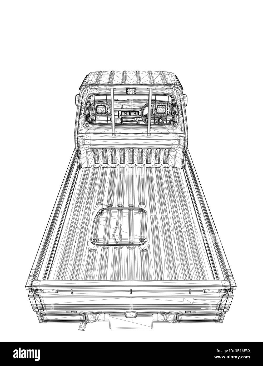 Ein Lkw in einer schwarz-weißen Zeichnung. Der Stapler steht auf einer Ebenen Fläche, und der Reifen ist hinten sichtbar. Die Zeichnung vermittelt ein Gefühl von Stock Vektor