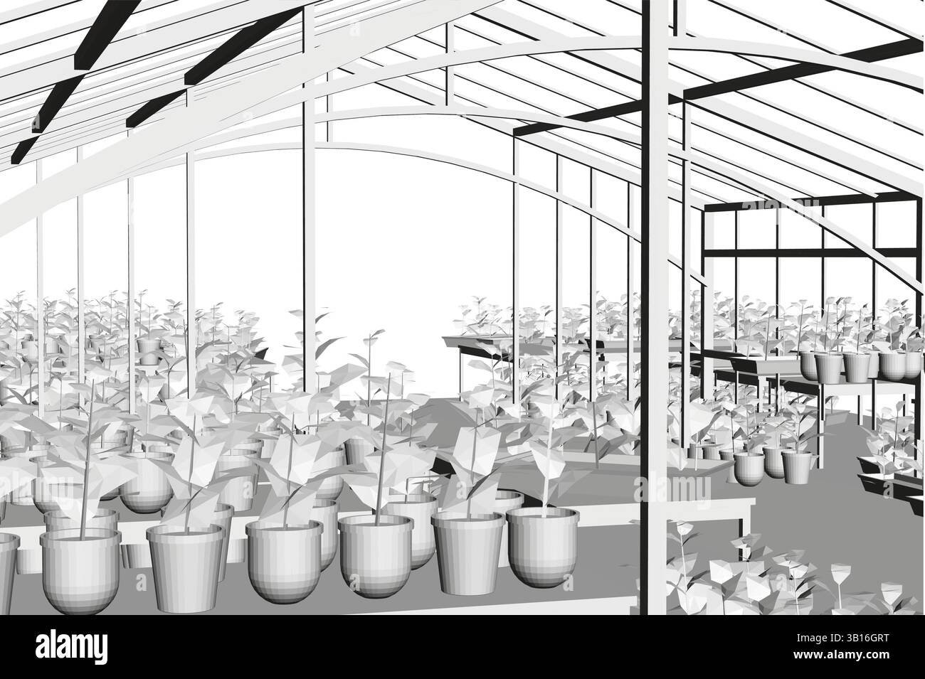 Ein Gewächshaus voller Pflanzen und Topfpflanzen. Die Pflanzen sind reihenweise angeordnet und haben verschiedene Größen. 3D Stock Vektor