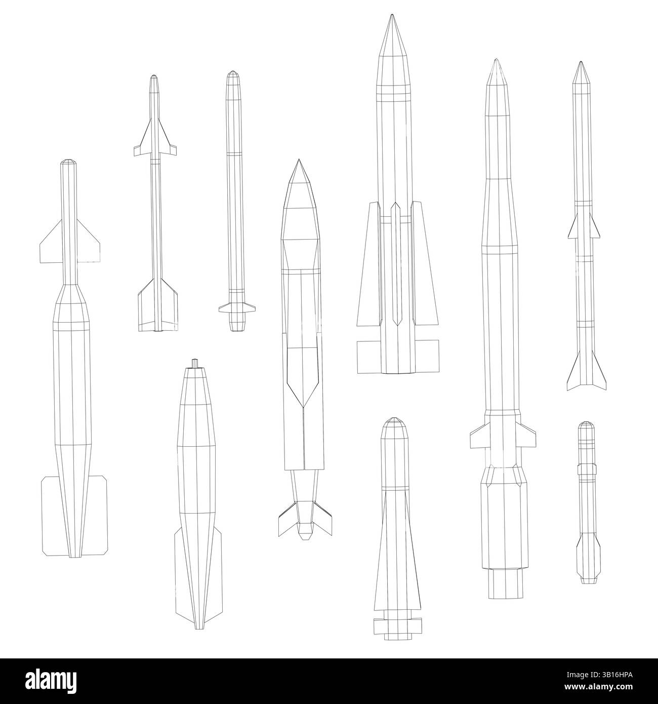 Eine Reihe von Raketen wird in Schwarz-weiß gezeichnet. Die Raketen haben verschiedene Größen und Formen, einige scheinen Raketen oder Raketen zu sein. Szene ist Stock Vektor