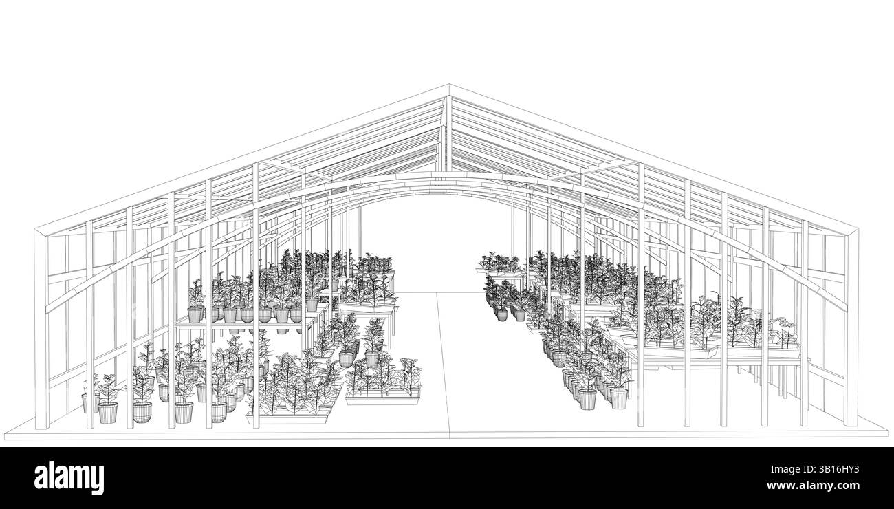 Ein großes Gebäude mit vielen Pflanzen im Inneren. Das Gebäude ist sehr offen und hat viel Platz Stock Vektor
