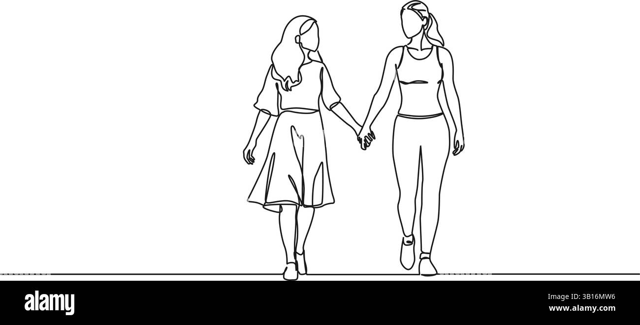 Ununterbrochene Einzelzeilenzeichnung von zwei Frauen, die Hände halten, Linie Art Vektor Illustration Stock Vektor