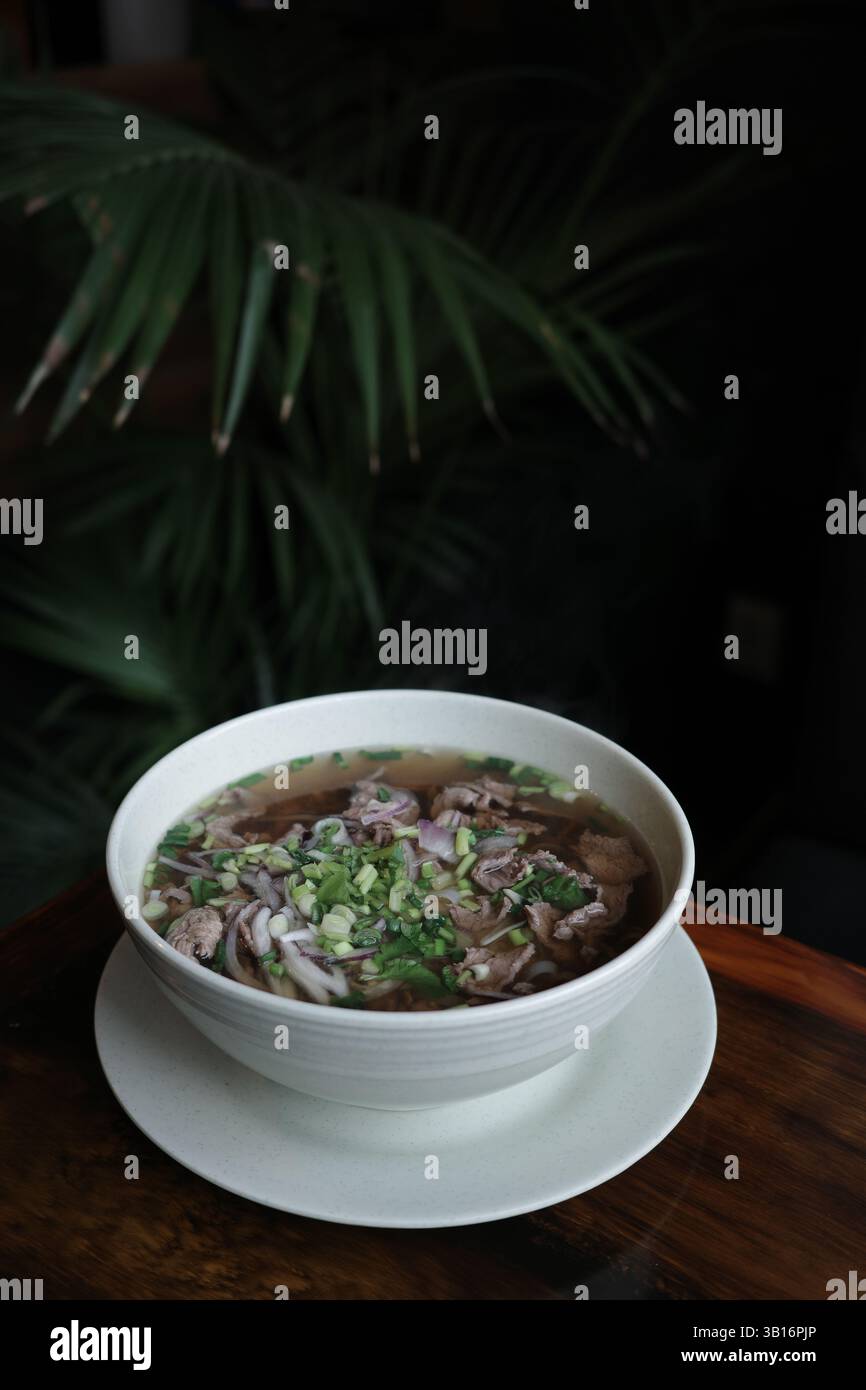 Traditionelle vietnamesische Pho-Suppe mit Rindfleischscheiben, serviert in einer weißen Keramikschale. Konzept der authentischen asiatischen Küche, gesundes Essen und Komfort Stockfoto