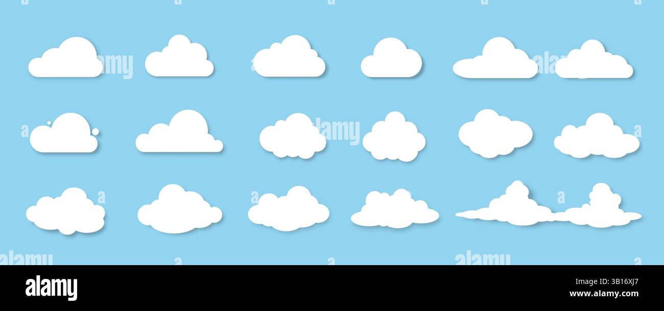 Ein Satz weißer Wolken auf blauem Hintergrund. Designelemente für die Wettervorhersage. Stock Vektor