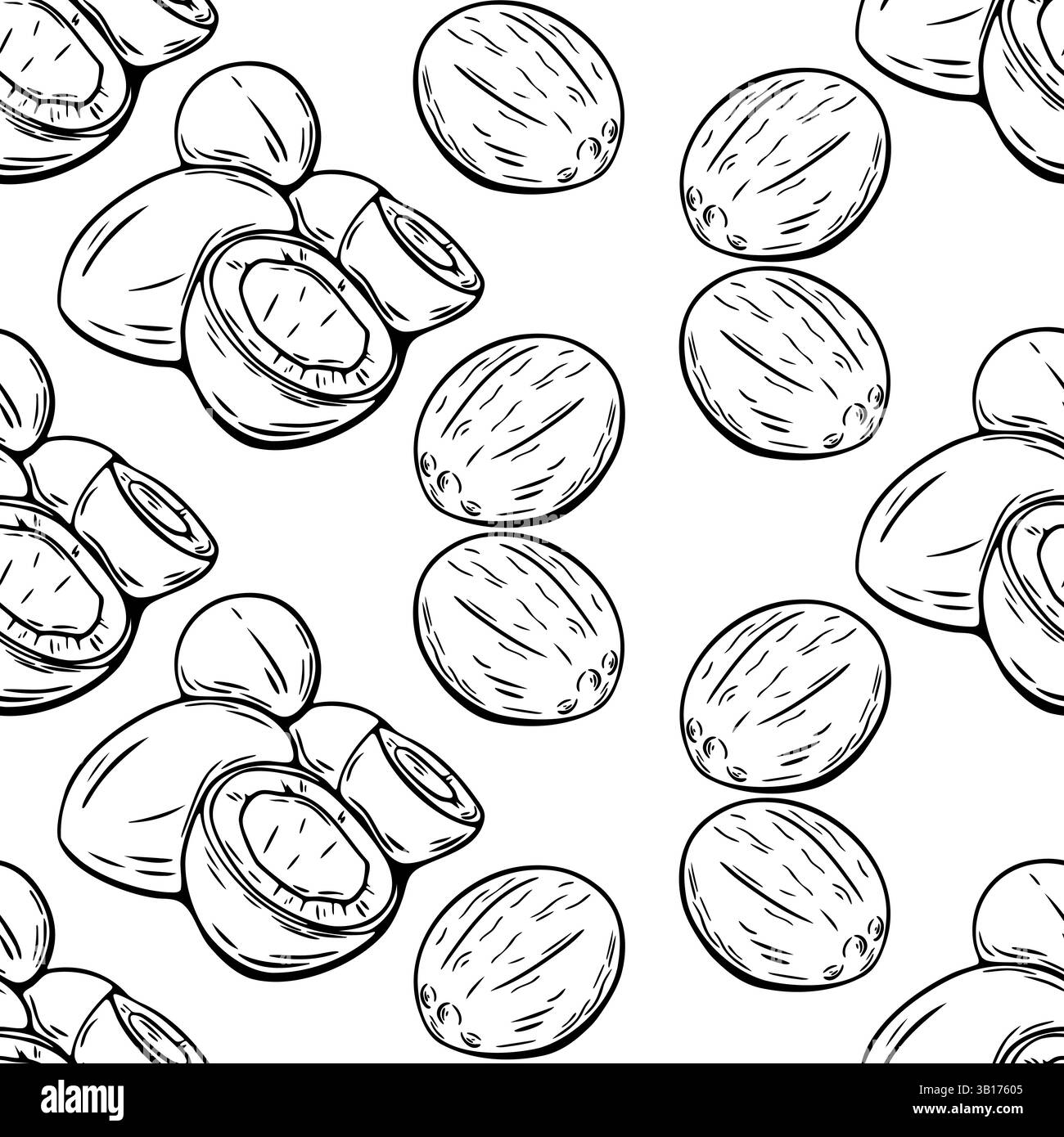 Handgezeichnete Kokosnussfrüchte im nahtlosen Vektormuster mit schwarzen Umrissen, perfekt zum Ausmalen von Seiten oder Lebensmittelhintergründen Stock Vektor