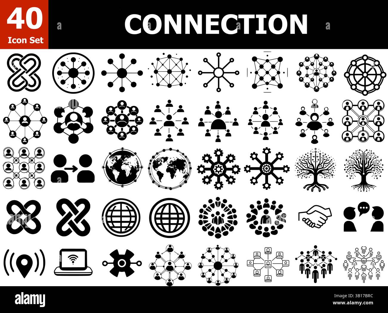 40 Verbindungssymbole – Netzwerk- und Kommunikationsvektor-Logo im schwarzen Stil Stock Vektor