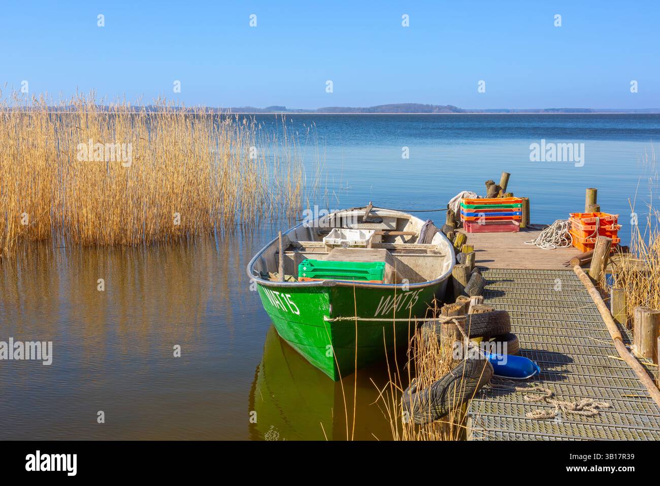 Fischerboot / Ruderboot entlang Schilfbett bei Warthe, Rankwitz am Lieper Winkel auf der Insel Usedom, Mecklenburg-Vorpommern Stockfoto
