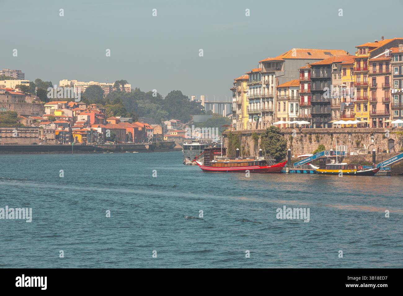Farbenfrohe historische Gebäude im Stadtteil Ribeira in Porto, Portugal, mit Blick auf den Fluss Douro und der lebendigen Uferpromenade der Stadt. Stockfoto