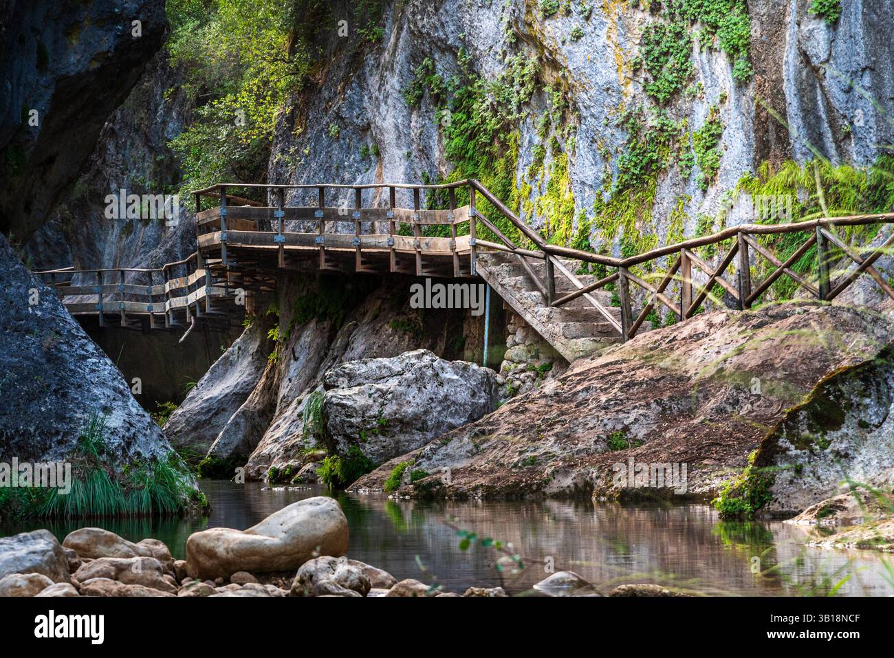 Malerischer Holzweg durch die Schlucht Cerrada de Elías, entlang des Flusses Borosa, in der Sierra de Cazorla, Jaén. Stockfoto