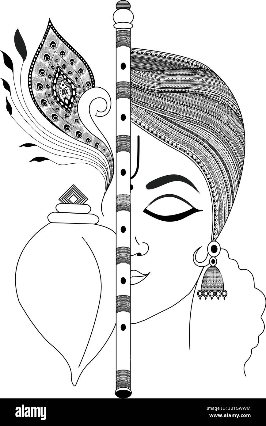 Lord Krishna mit Flöte, Pfauenfeder und Muschel. Ein heiliges hinduistisches Kunstwerk, das Göttlichkeit, Spiritualität und indische Mythologie symbolisiert Stock Vektor