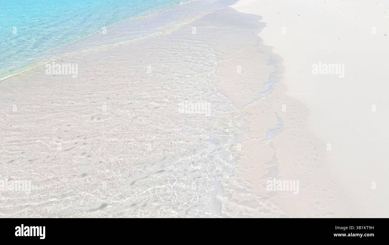 Blick von oben auf den tropischen Strand mit weißem Sand und klarem blauem Meer türkisfarbenem Wasser in natürlichem Sonnenlicht, minimalistischer friedlicher Landschaft Hintergrund Stockfoto