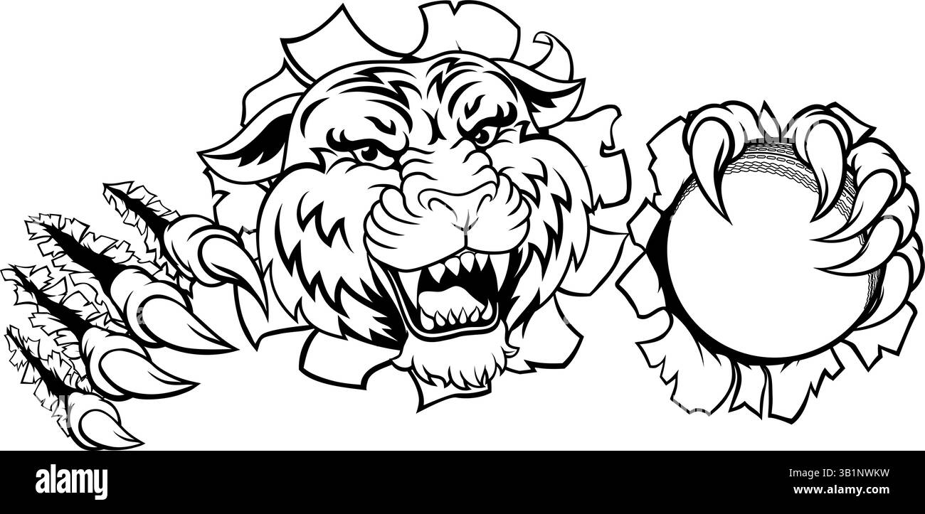 Tiger Cricket Ball Tiersport-Team Maskottchen Stock Vektor