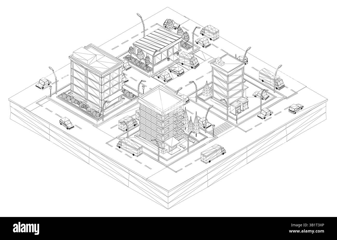 Ein Stadtbild mit vielen Gebäuden und ein paar Autos. Die Gebäude sind hoch und die Autos stehen auf der Straße. Die Szene ist voll und geschäftig. Isometri Stock Vektor
