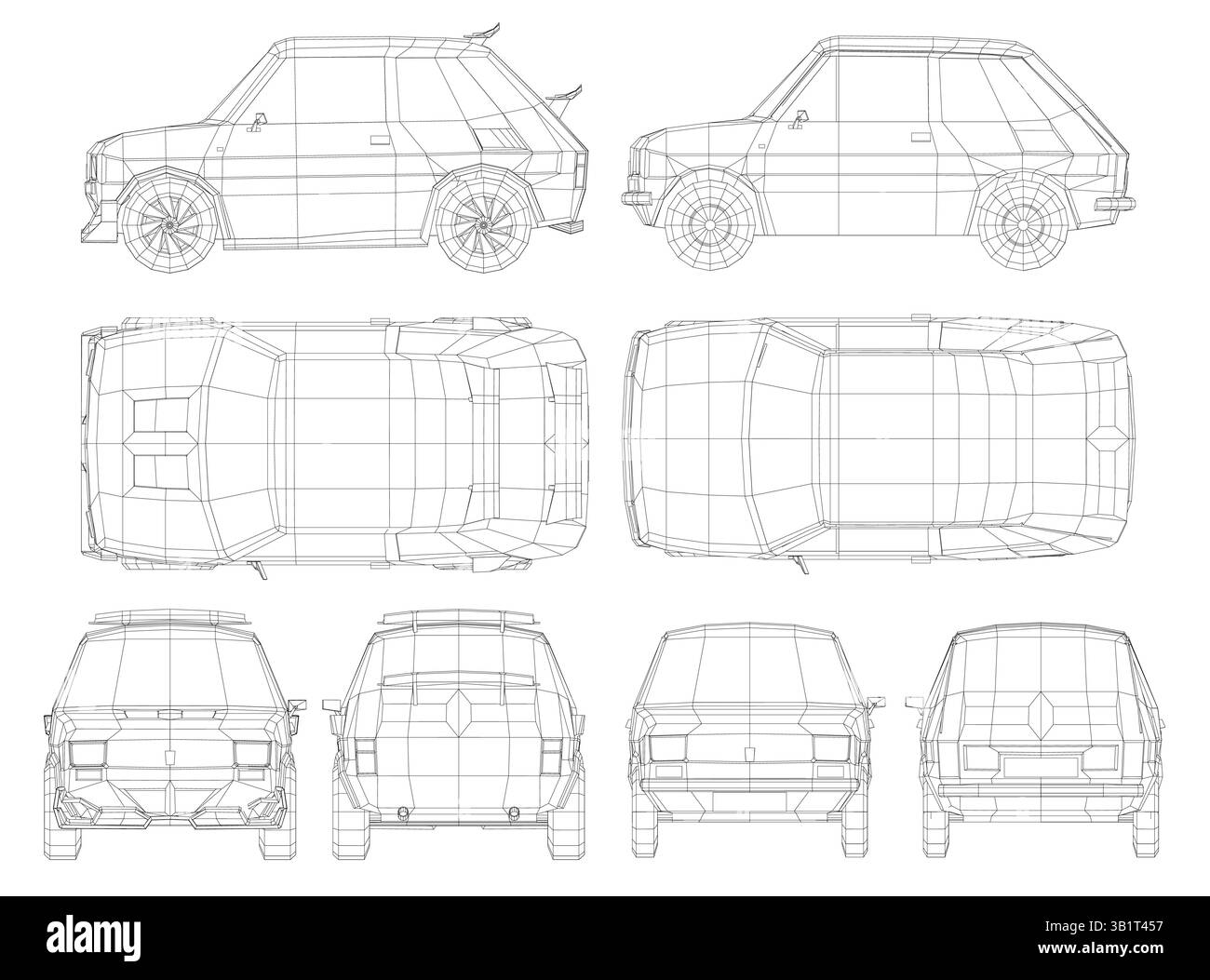 Das Fahrzeug hat ein klassisches Design mit einem schlanken und modernen Look. Die Linien sind sauber und scharf, was dem Fahrzeug ein Gefühl von Geschwindigkeit und Kraft verleiht. Das Auto ist ein Sport Stock Vektor