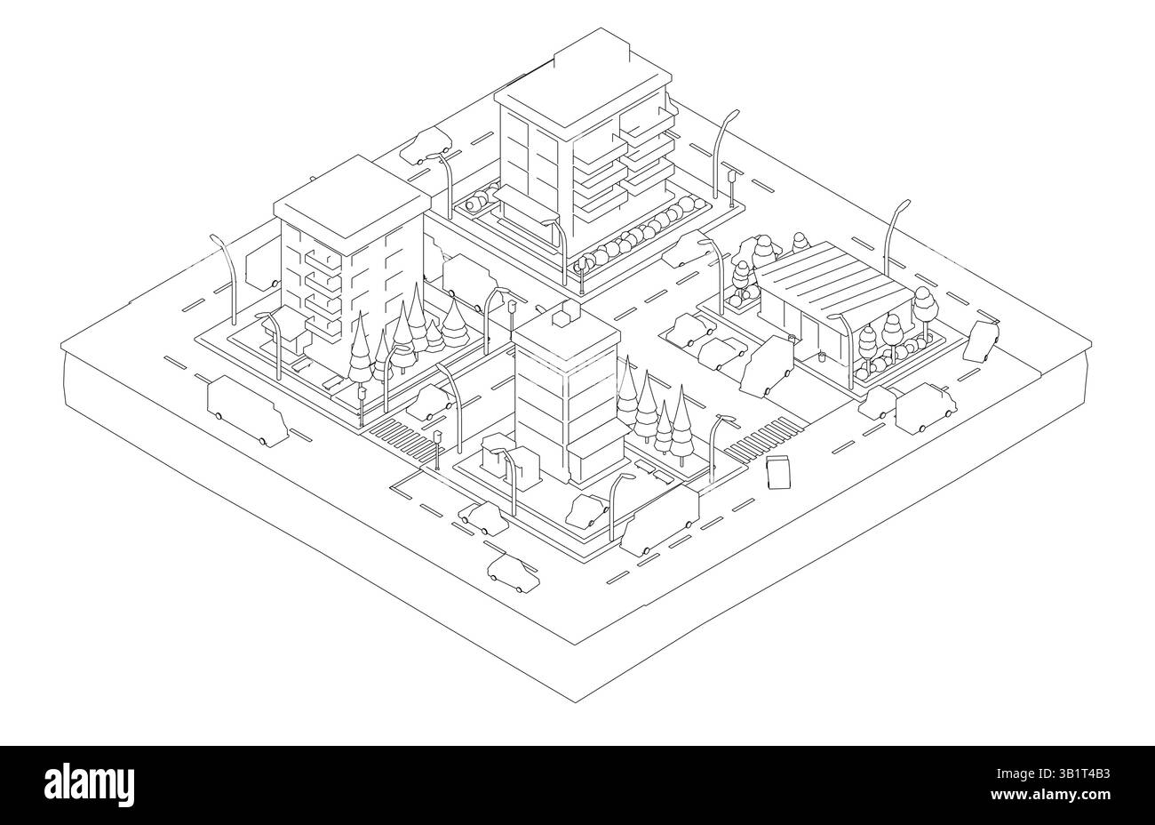 Eine Schwarzweißzeichnung eines Stadtblocks mit einem großen Gebäude im Zentrum. Die Zeichnung ist abstrakt und hat eine moderne Atmosphäre Stock Vektor